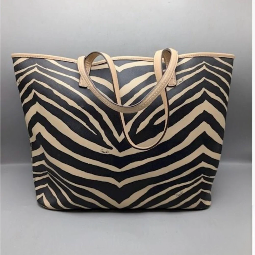 Coach Black & Beige Zebra Print PVC Park Metro Tote Bag Authentic